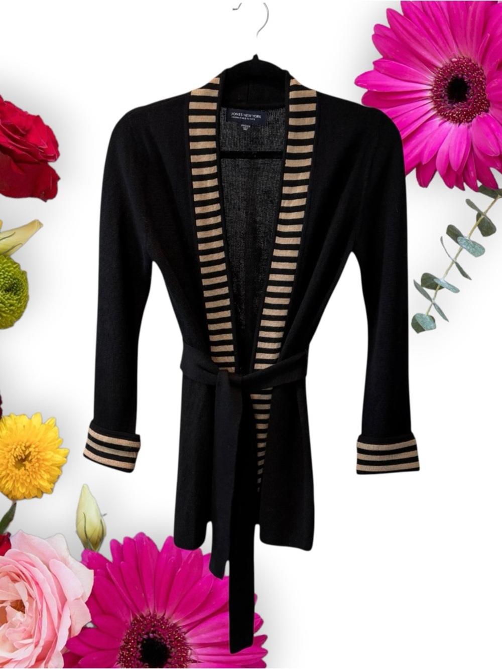 Jones New York Two-Tone Cardigan Sweater Black Nude Knit Belted Open-Front